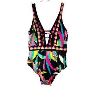 Tina Turk One Piece Swimsuit Size 10 Tropical Print Cutout Designer Swim